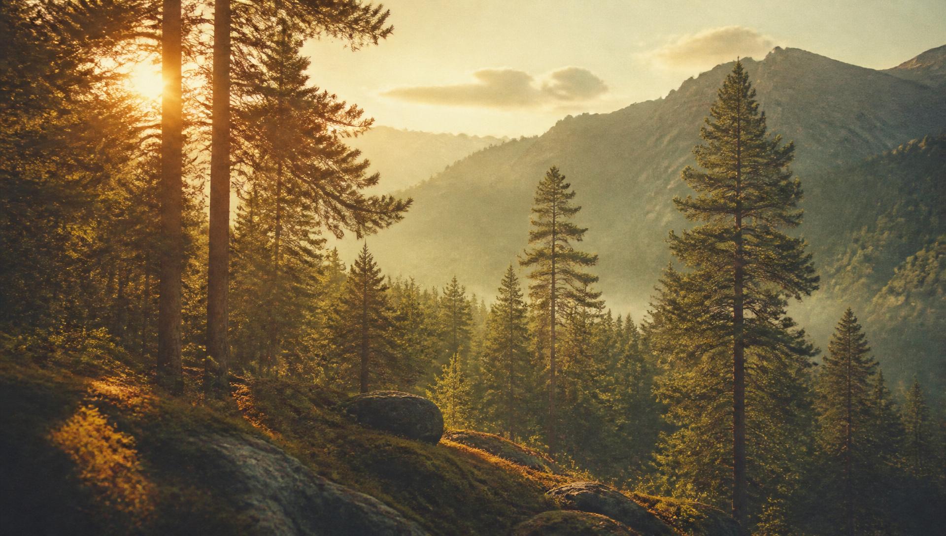 Golden hour landscape over a forest meadow with warm vintage tones